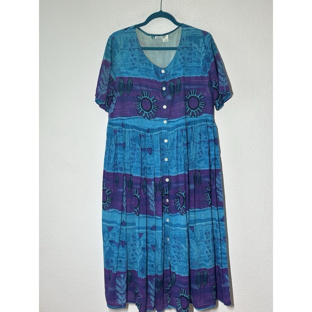 Vintage 90s La Cera Boho Dress Teal Purple Sun Celestial Midi Dress Button L Art